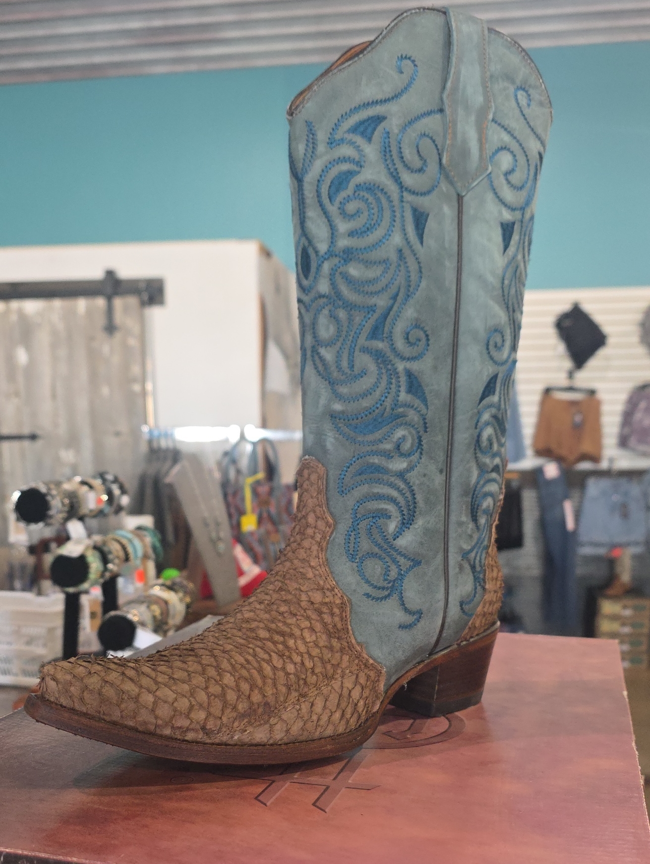 Circle G Blue Embroidered Shaft Brown Textured Toe Cowboy Boots